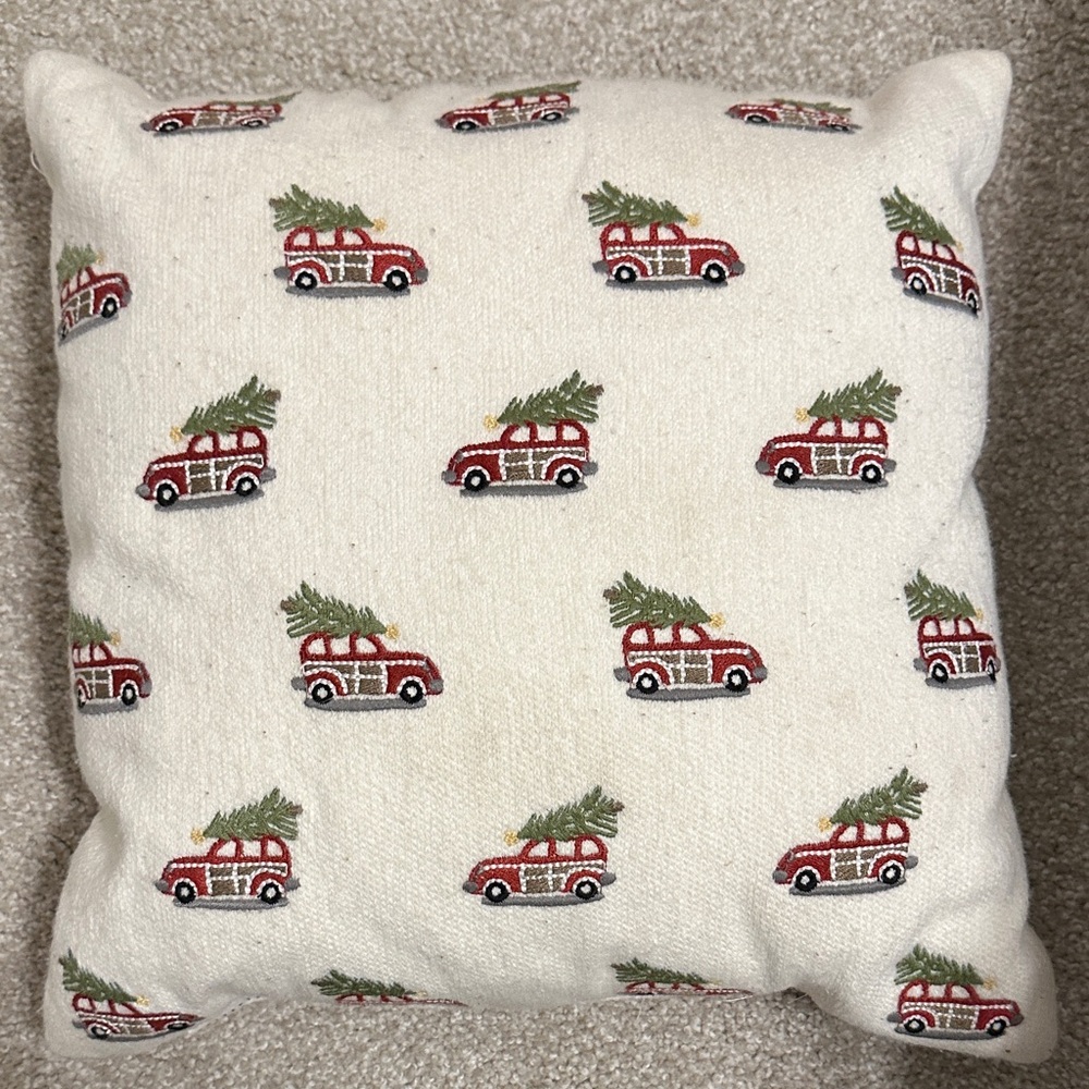 Pottery Barn Holiday Pillow with Red Cars and Green Trees